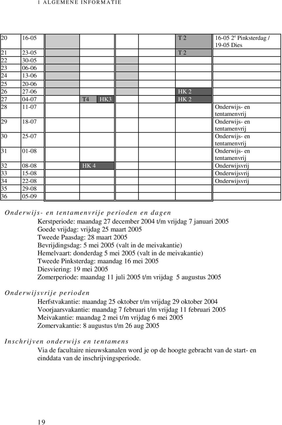 Onderwijs- en tentamenvrije perioden en dagen Kerstperiode: maandag 27 december 2004 t/m vrijdag 7 januari 2005 Goede vrijdag: vrijdag 25 maart 2005 Tweede Paasdag: 28 maart 2005 Bevrijdingsdag: 5