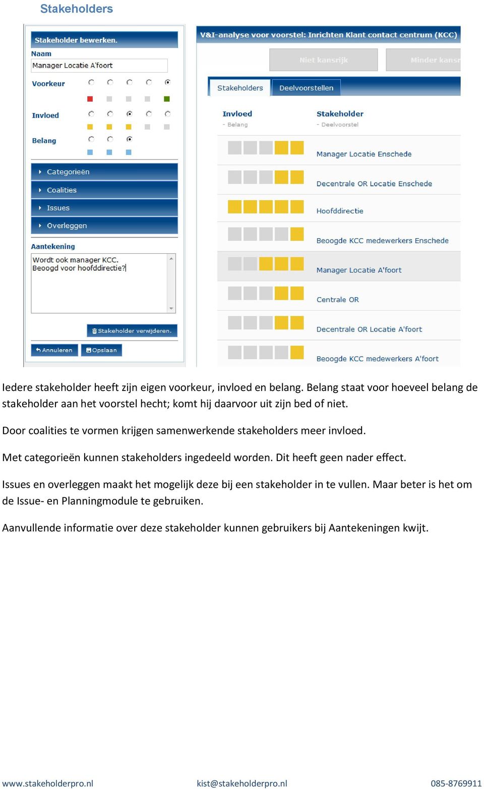 Door coalities te vormen krijgen samenwerkende stakeholders meer invloed. Met categorieën kunnen stakeholders ingedeeld worden.