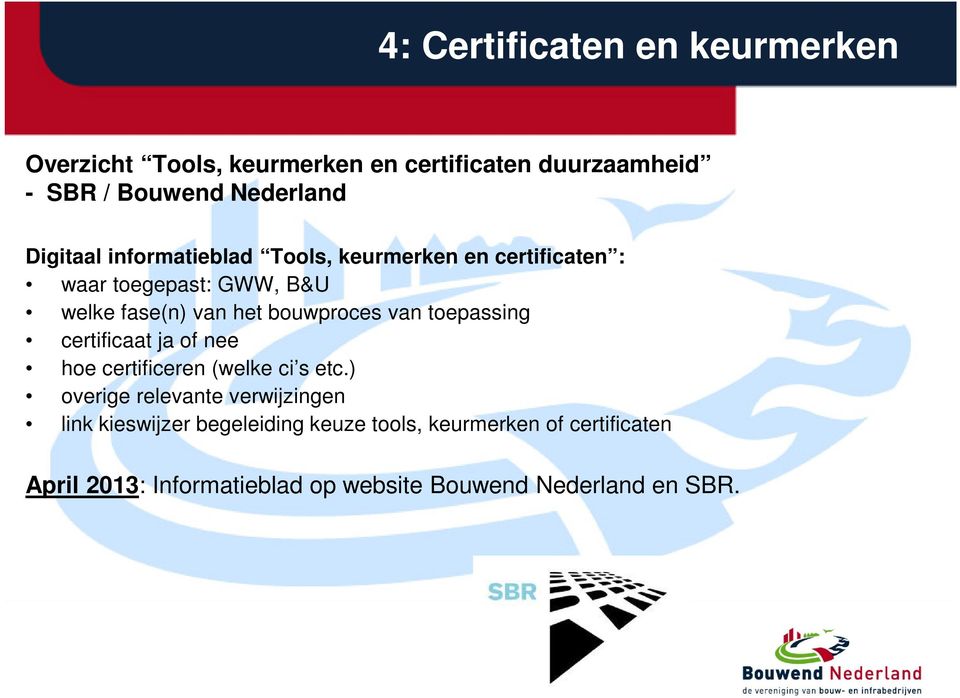 bouwproces van toepassing certificaat ja of nee hoe certificeren (welke ci s etc.
