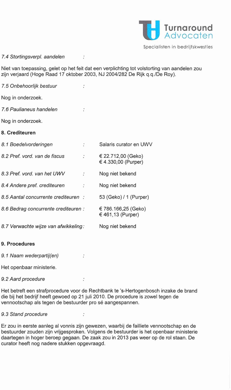 330,00 (Purper) 8.3 Pref vord. van het UWV Nog niet bekend 8.4 Andere pref crediteuren Nog niet bekend 8.5 Aantal concurrente crediteuren 53 (Geko) /1 (Purper) 8.