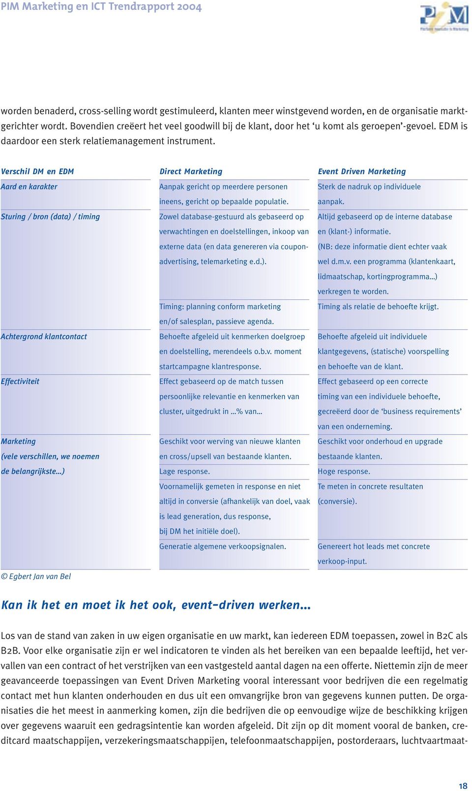 Verschil DM en EDM Direct Marketing Event Driven Marketing Aard en karakter Aanpak gericht op meerdere personen Sterk de nadruk op individuele ineens, gericht op bepaalde populatie. aanpak.