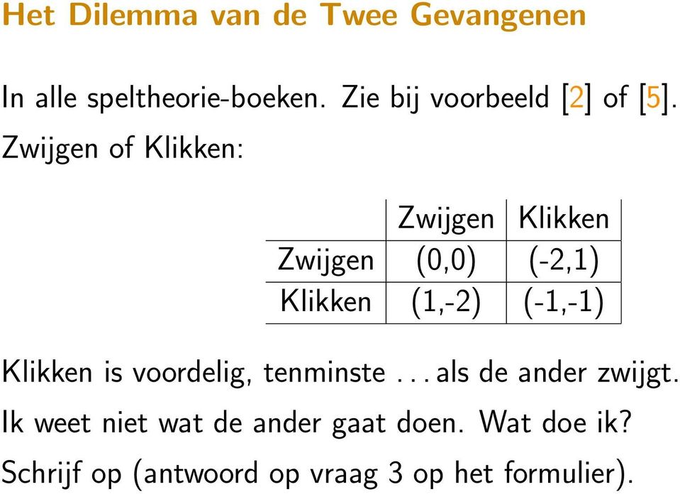 Zwijgen of Klikken: Zwijgen Klikken Zwijgen (0,0) (-2,1) Klikken (1,-2) (-1,-1)