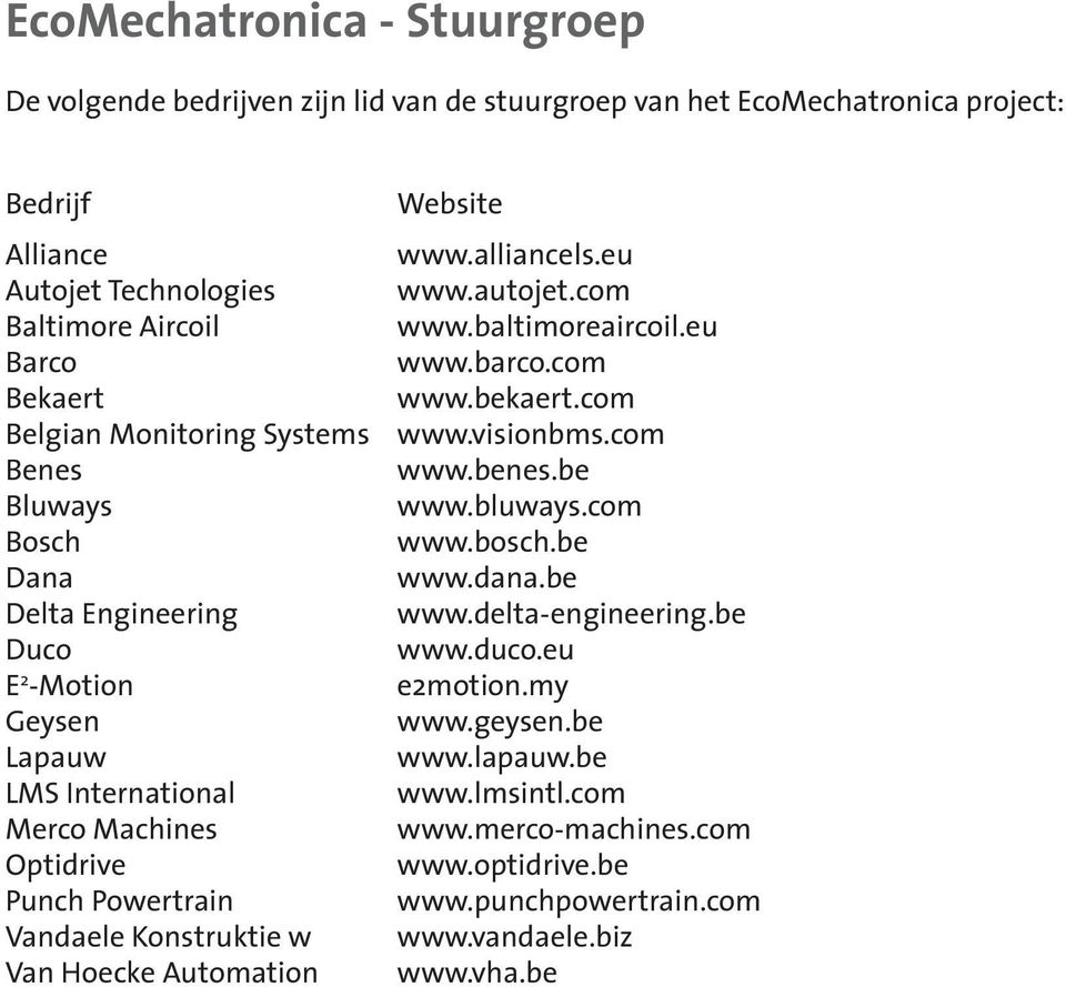 Van Hoecke Automation Website www.alliancels.eu www.autojet.com www.baltimoreaircoil.eu www.barco.com www.bekaert.com www.visionbms.com www.benes.be www.bluways.com www.bosch.be www.dana.