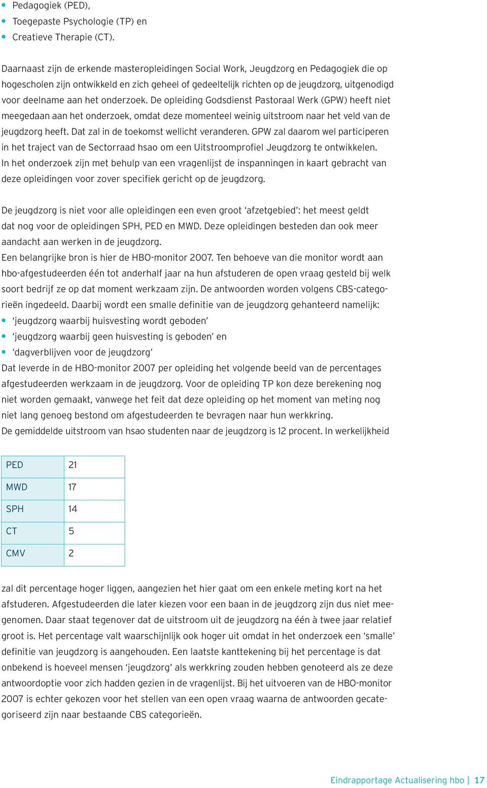 aan het onderzoek. De opleiding Godsdienst Pastoraal Werk (GPW) heeft niet meegedaan aan het onderzoek, omdat deze momenteel weinig uitstroom naar het veld van de jeugdzorg heeft.