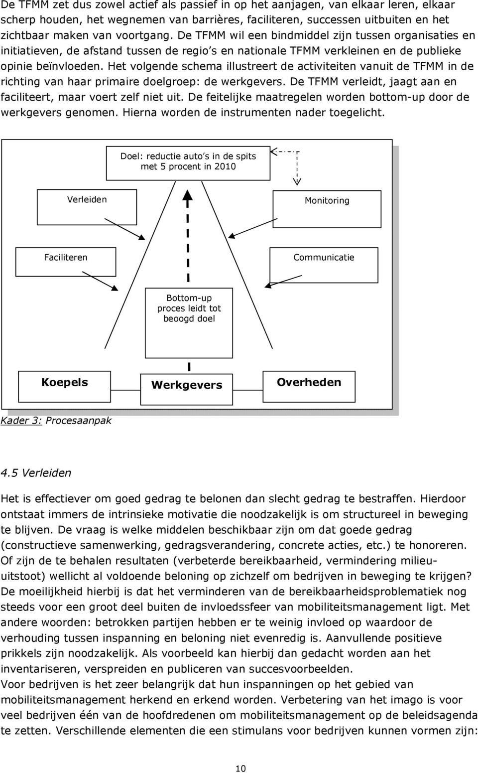 Het volgende schema illustreert de activiteiten vanuit de TFMM in de richting van haar primaire doelgroep: de werkgevers. De TFMM verleidt, jaagt aan en faciliteert, maar voert zelf niet uit.