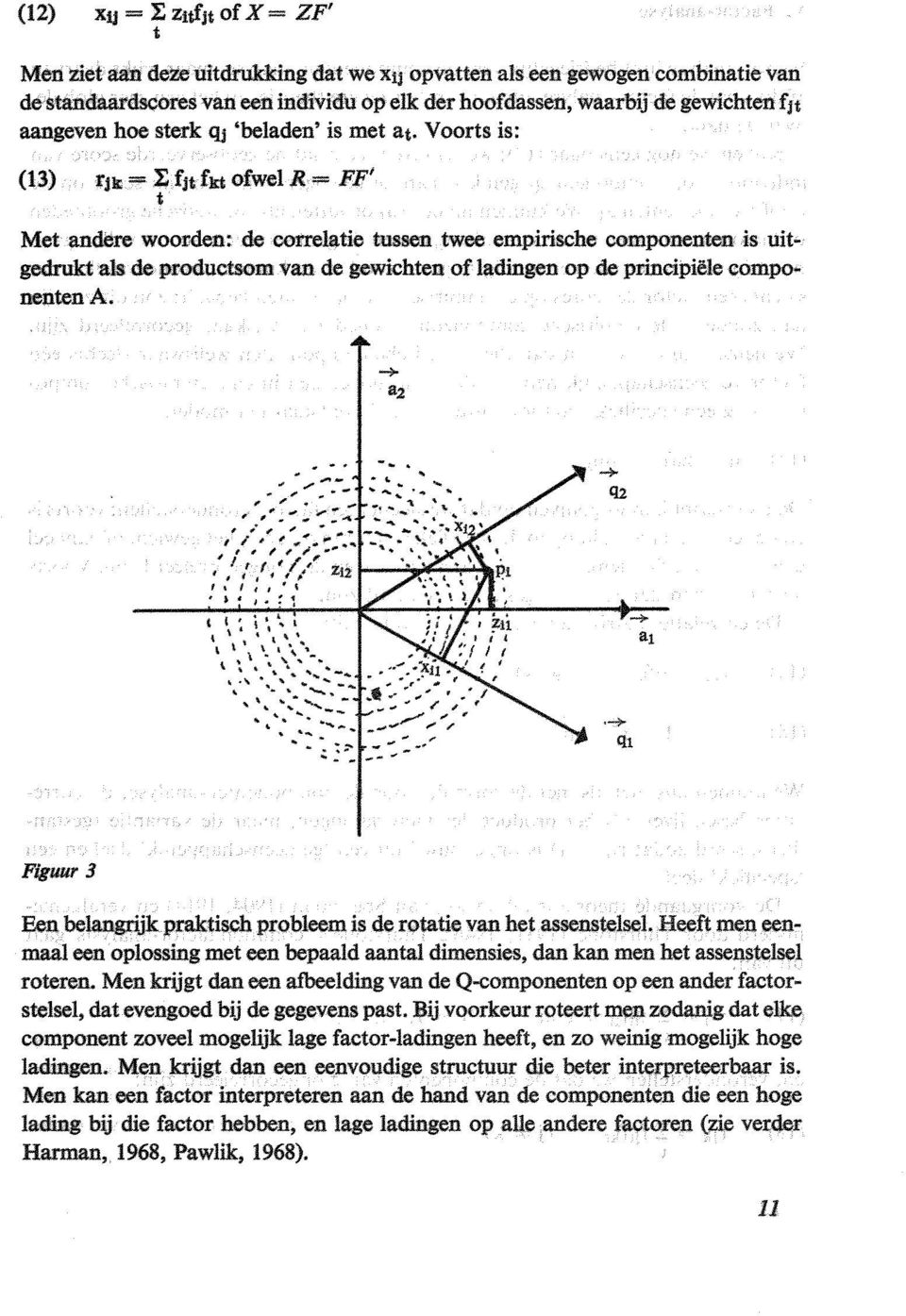 Voorts is: (13) rj11: = :E fji fst ofwel R = FF' t Met andere woorden: de correlatie tussen twee empirische componenten is uitgedrukt ab de productsom van de gewichten of ladingen op de principiële