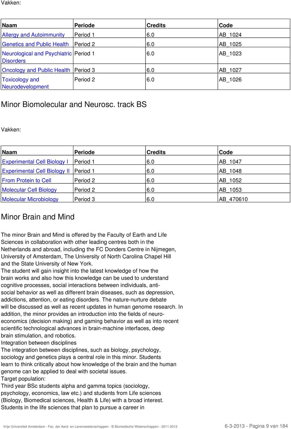 0 AB_1026 Vakken: Naam Periode Credits Code Experimental Cell Biology I Period 1 6.0 AB_1047 Experimental Cell Biology II Period 1 6.0 AB_1048 From Protein to Cell Period 2 6.