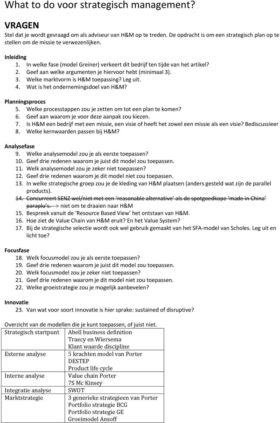 Wat is het ondernemingsdoel van H&M? Planningsproces 5. Welke processtappen zou je zetten om tot een plan te komen? 6. Geef aan waarom je voor deze aanpak zou kiezen. 7.