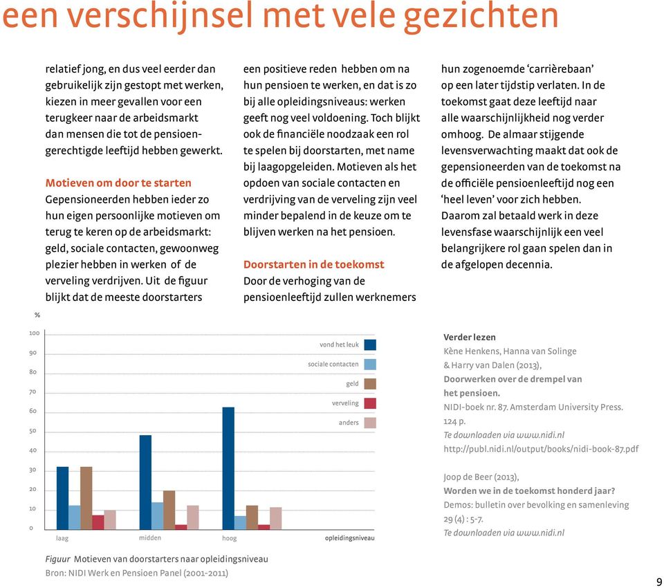 Motieven om door te starten Gepensioneerden hebben ieder zo hun eigen persoonlijke motieven om terug te keren op de arbeidsmarkt: geld, sociale contacten, gewoonweg plezier hebben in werken of de