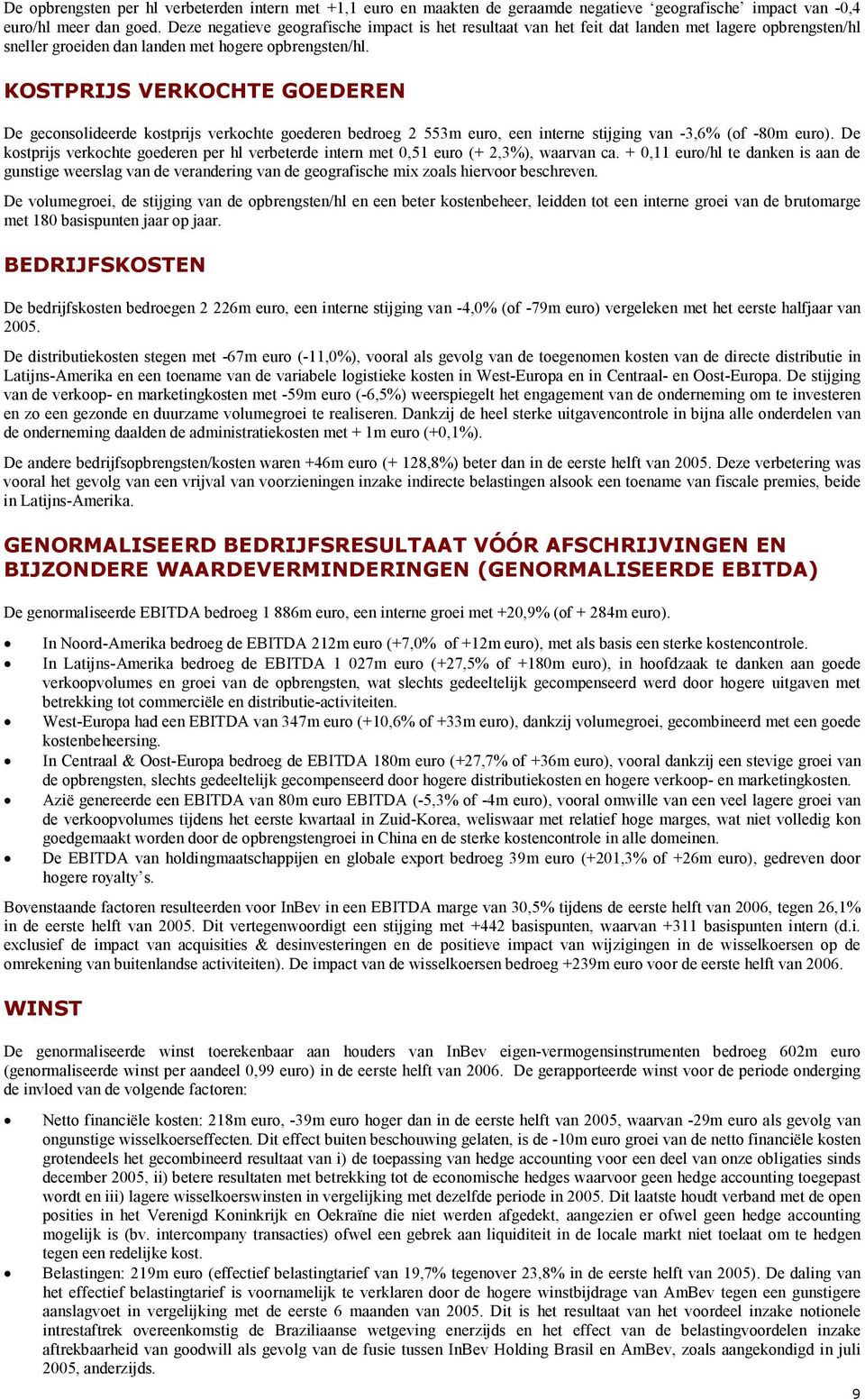 KOSTPRIJS VERKOCHTE GOEDEREN De geconsolideerde kostprijs verkochte goederen bedroeg 2 553m euro, een interne stijging van -3,6% (of -80m euro).