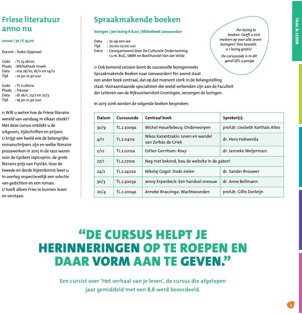 00 uur : Georganiseerd door De Culturele Onderneming i.s.m. RuG, SBMF en Boekhandel Van der Velde Ook komend seizoen komt de succesvolle lezingenreeks Spraakmakende Boeken naar Leeuwarden!
