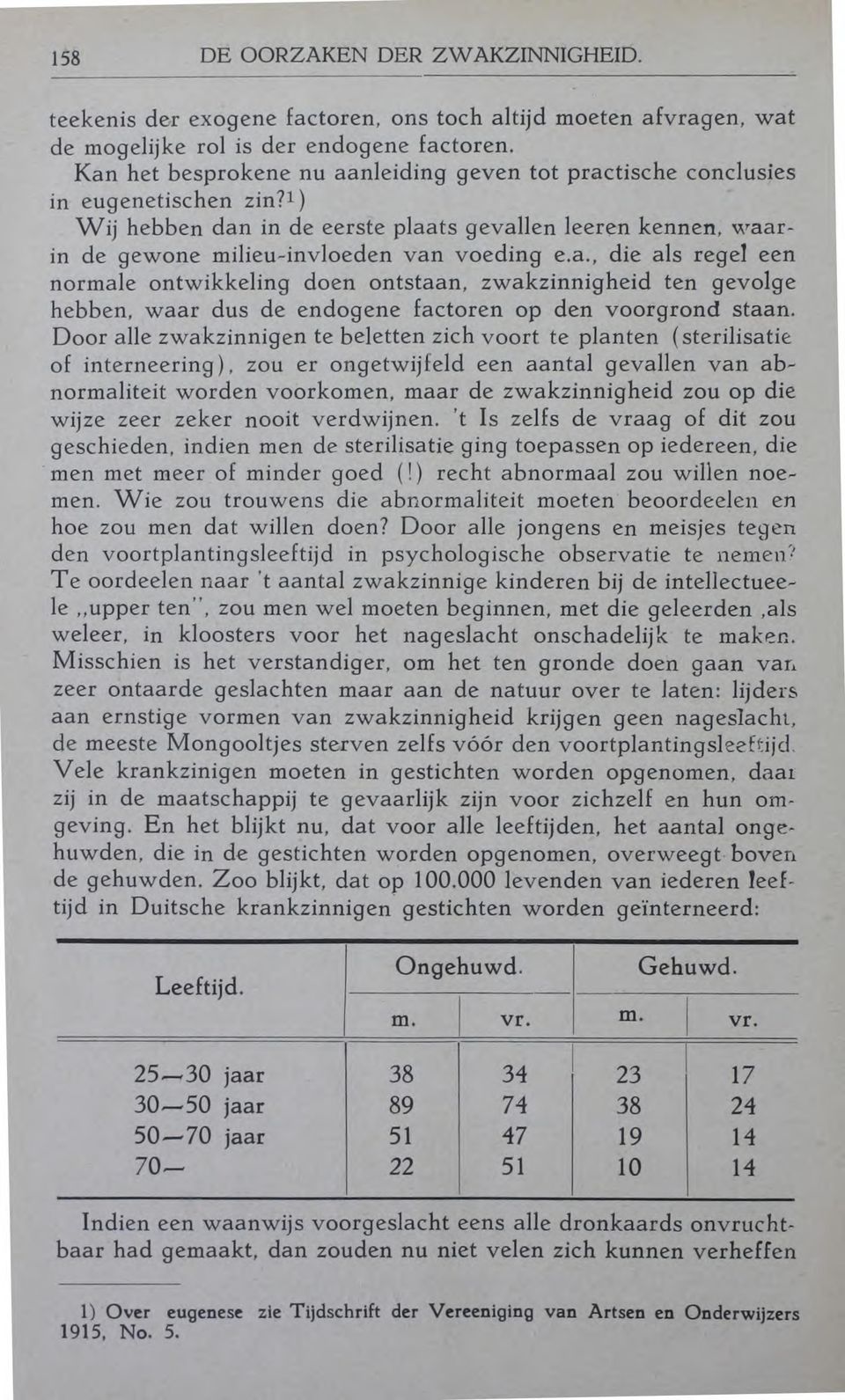 Door alle zwakzinnigen te beletten zich voort te planten (sterilisatie of interneering, zou er ongetwijfeld een aantal gevallen van abnormaliteit worden voorkomen, maar de zwakzinnigheid zou op die