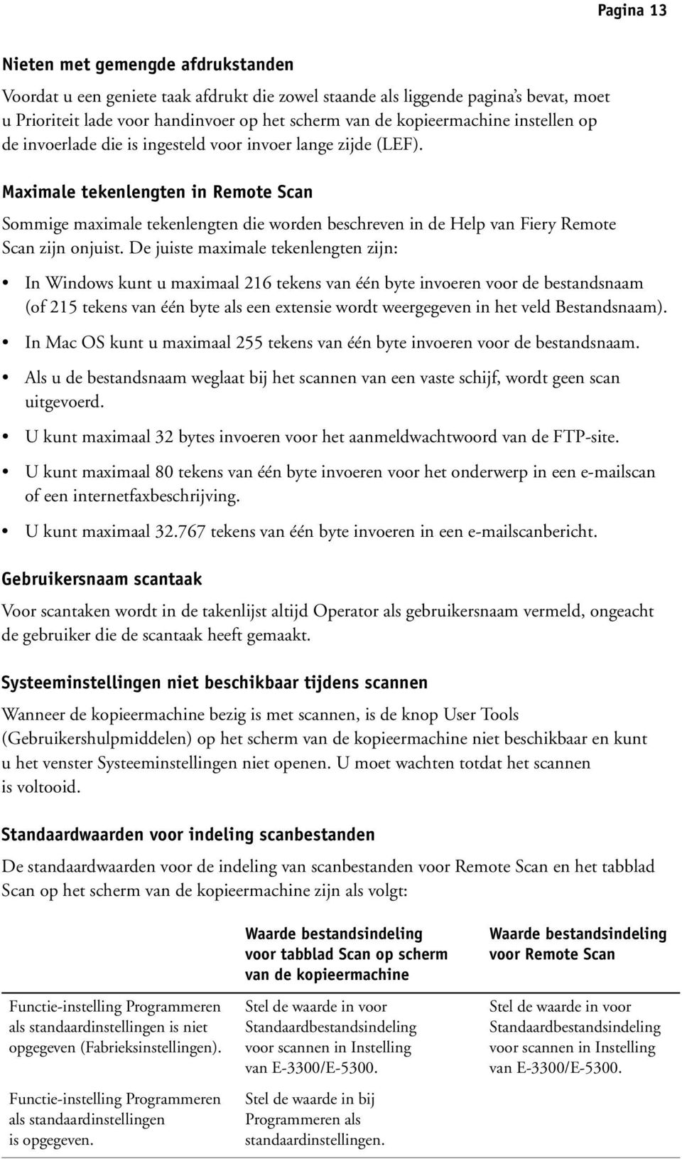 Maximale tekenlengten in Remote Scan Sommige maximale tekenlengten die worden beschreven in de Help van Fiery Remote Scan zijn onjuist.