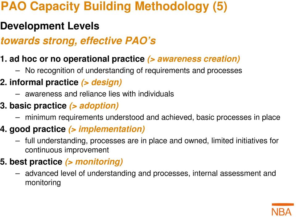 informal practice (> design) awareness and reliance lies with individuals 3.