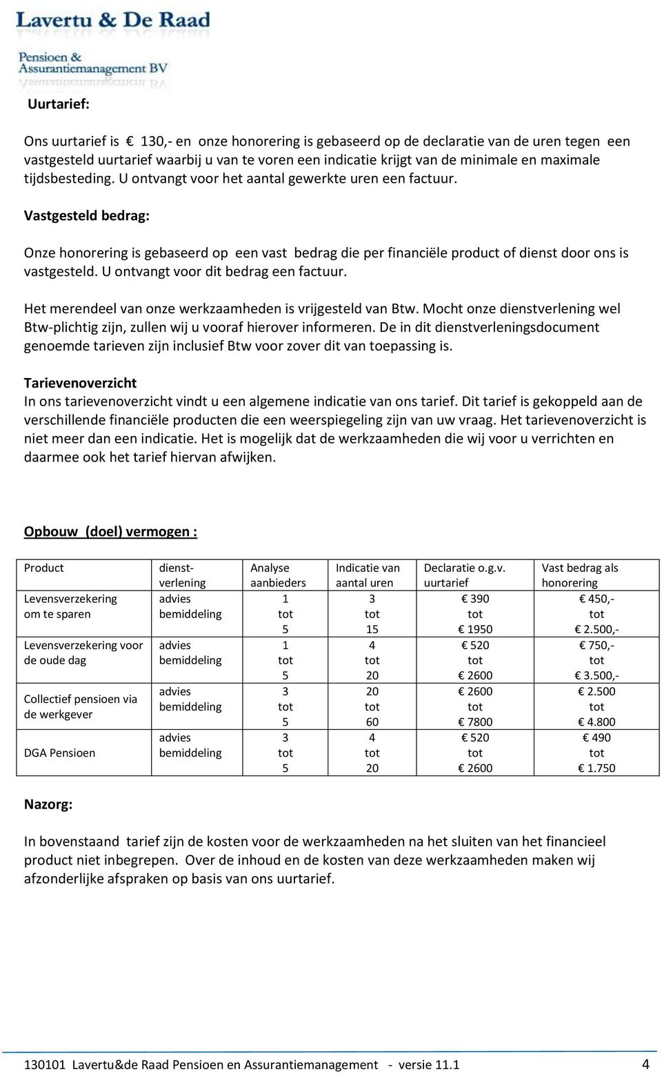 U ontvangt voor dit bedrag een factuur. Het merendeel van onze werkzaamheden is vrijgesteld van Btw. Mocht onze dienstverlening wel Btw-plichtig zijn, zullen wij u vooraf hierover informeren.