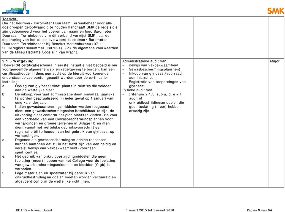 In dit verband verwijst SMK naar de deponering van het collectieve woord-/beeldmerk Barometer Duurzaam Terreinbeheer bij Benelux Merkenbureau (07-11- 2006/registratienummer 0807024).