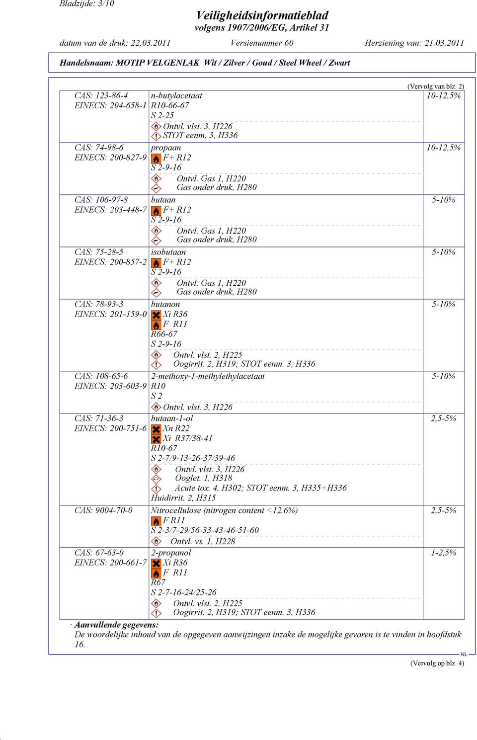 3, H336 propaan F+ R12 S 2-9-16 Ontvl. Gas 1, H220 Gas onder druk, H280 butaan F+ R12 S 2-9-16 Ontvl. Gas 1, H220 Gas onder druk, H280 isobutaan F+ R12 S 2-9-16 Ontvl.