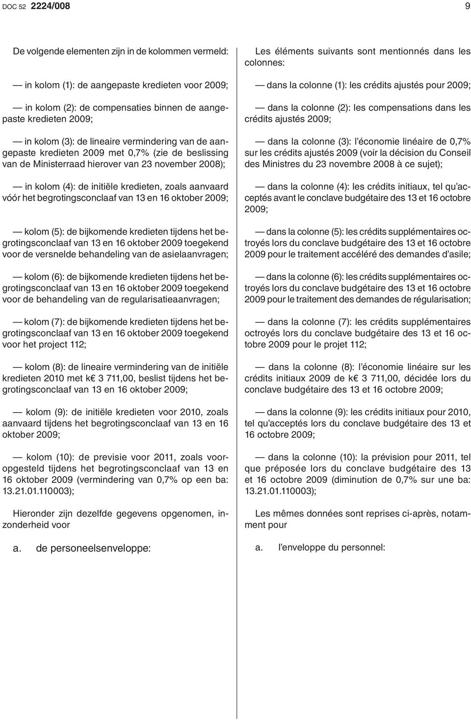 begrotingsconclaaf van 13 en 16 oktober 2009; kolom (5): de bijkomende kredieten tijdens het begrotingsconclaaf van 13 en 16 oktober 2009 toegekend voor de versnelde behandeling van de