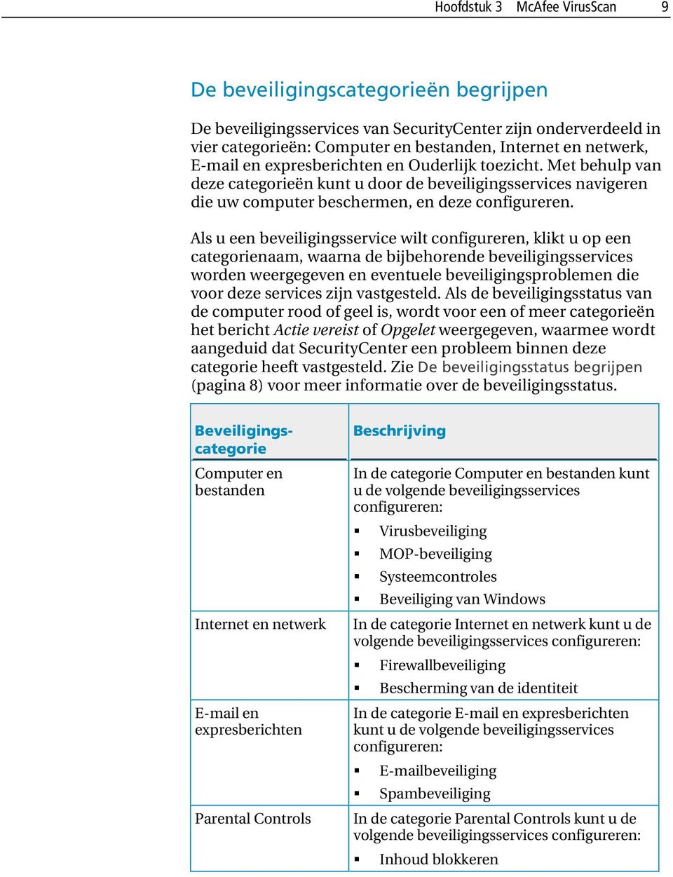 Als u een beveiligingsservice wilt configureren, klikt u op een categorienaam, waarna de bijbehorende beveiligingsservices worden weergegeven en eventuele beveiligingsproblemen die voor deze services