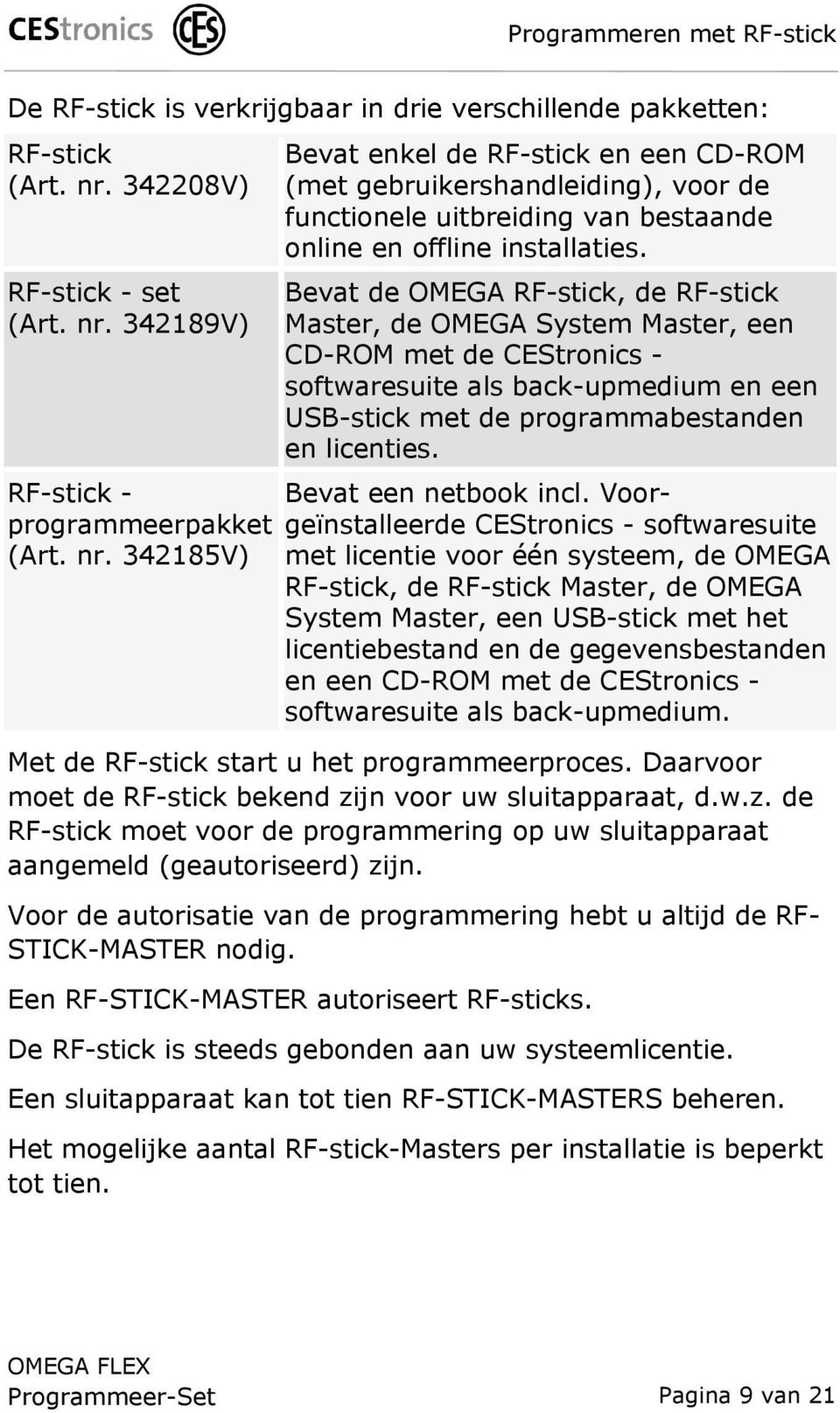 Bevat de OMEGA RF-stick, de RF-stick Master, de OMEGA System Master, een CD-ROM met de CEStronics - softwaresuite als back-upmedium en een USB-stick met de programmabestanden en licenties.