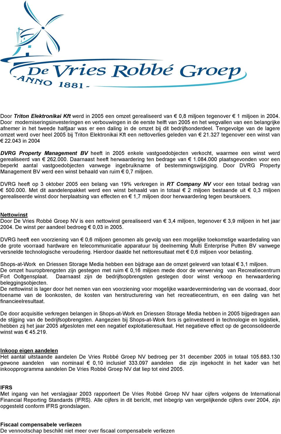 bedrijfsonderdeel. Tengevolge van de lagere omzet werd over heel 2005 bij Triton Elektronikai Kft een nettoverlies geleden van 21.327 tegenover een winst van 22.