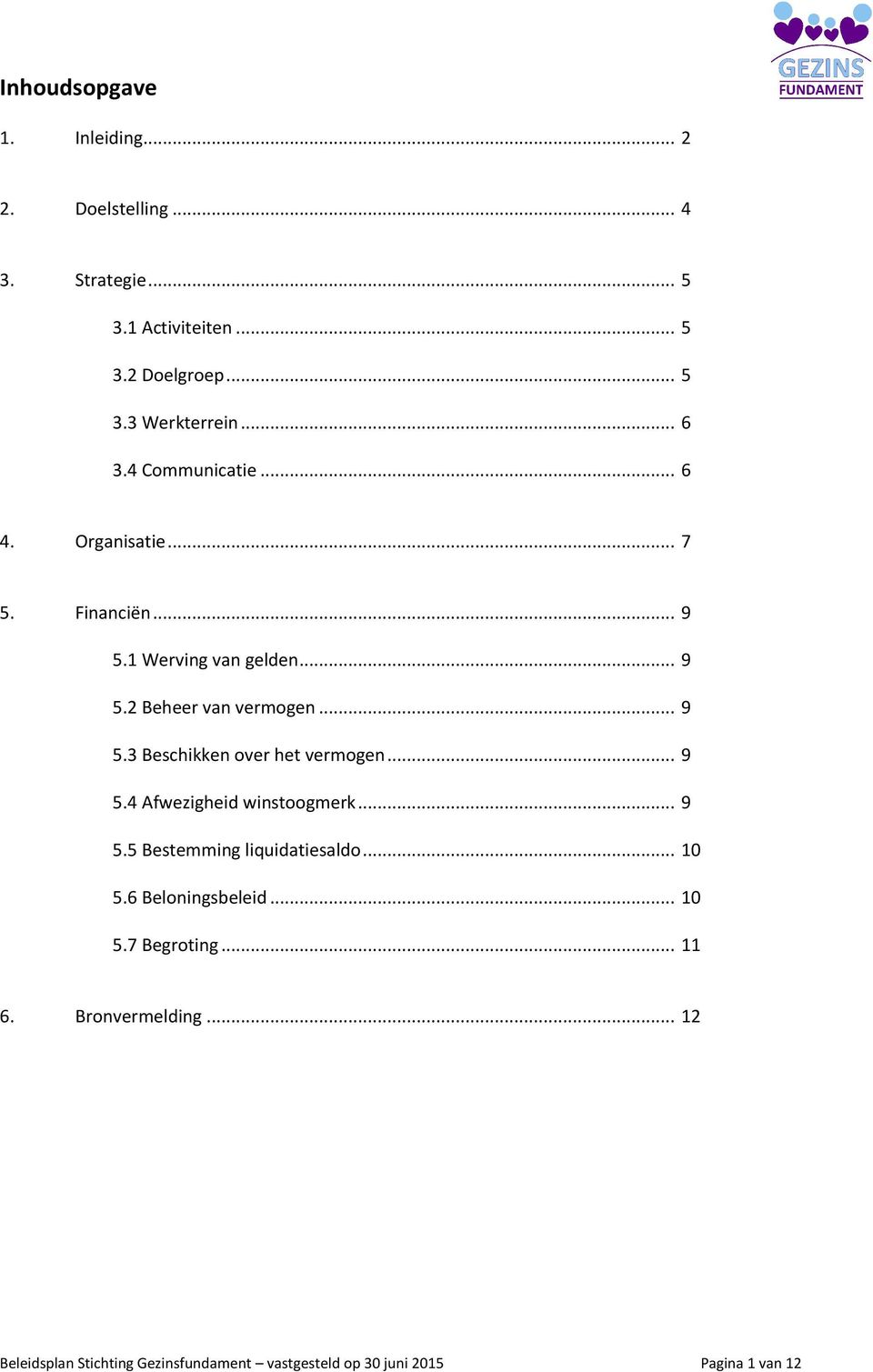 .. 9 5.4 Afwezigheid winstoogmerk... 9 5.5 Bestemming liquidatiesaldo... 10 5.6 Beloningsbeleid... 10 5.7 Begroting... 11 6.