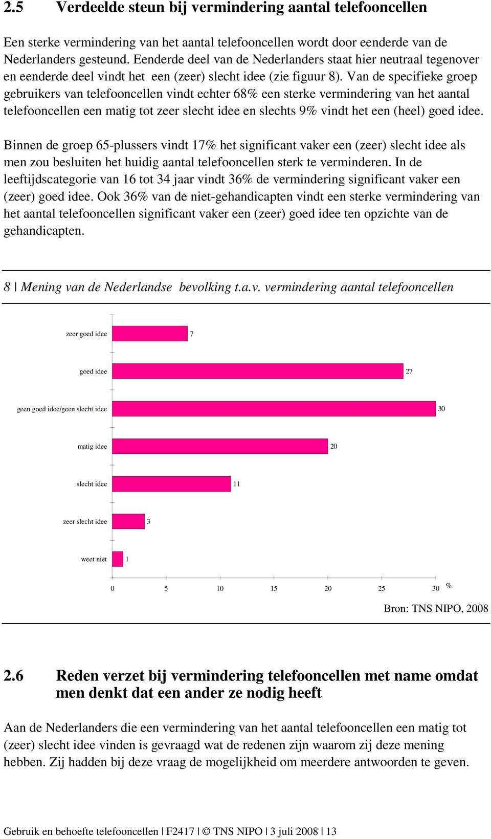 Van de specifieke groep gebruikers van telefooncellen vindt echter 68% een sterke vermindering van het aantal telefooncellen een matig tot zeer slecht idee en slechts 9% vindt het een (heel) goed