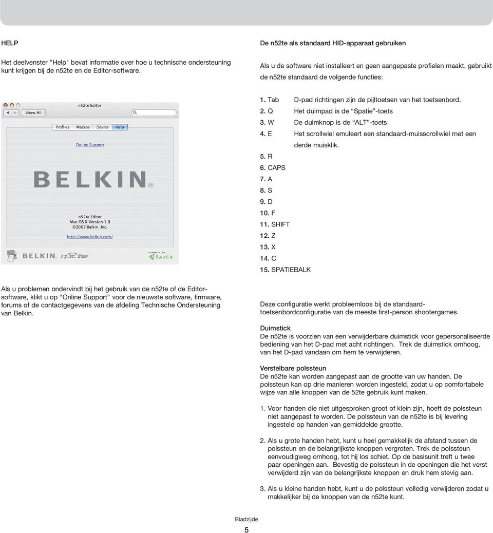 Q Het duimpad is de Spatie -toets 3. W De duimknop is de ALT -toets 4. E Het scrollwiel emuleert een standaard-muisscrollwiel met een derde muisklik. 5. R 6. CAPS 7. A 8. S 9. D 10. F 11. SHIFT 12.