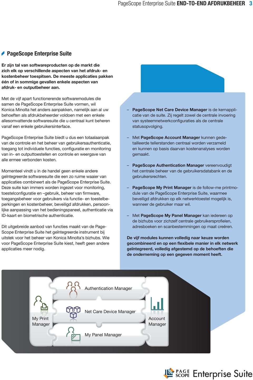 Met de vij f apart functionerende softwaremodules die samen de PageScope Enterprise Suite vormen, wil Konica Minolta het anders aanpakken, namelij k aan al uw behoeften als afdrukbeheerder voldoen