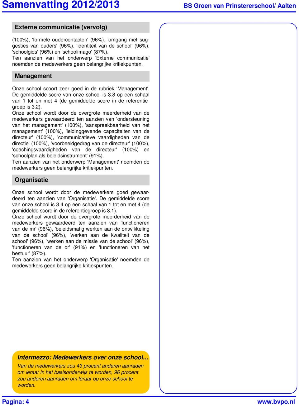 Management Onze school scoort zeer goed in de rubriek 'Management'. De gemiddelde score van onze school is 3.8 op een schaal van 1 tot en met 4 (de gemiddelde score in de referentiegroep is 3.2).