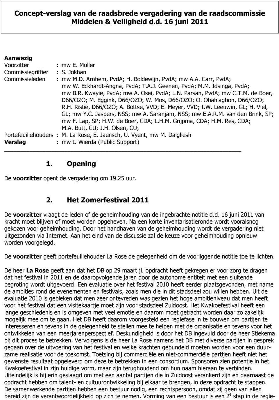 Eggink, D66/OZO; W. Mos, D66/OZO; O. Obahiagbon, D66/OZO; R.H. Ristie, D66/OZO; A. Bottse, VVD; E. Meyer, VVD; I.W. Leeuwin, GL; H. Viel, GL; mw Y.C. Jaspers, NSS; mw A. Saranjam, NSS; mw E.A.R.M. van den Brink, SP; mw F.