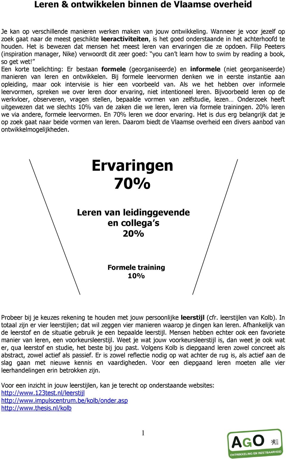 Het is bewezen dat mensen het meest leren van ervaringen die ze opdoen. Filip Peeters (inspiration manager, Nike) verwoordt dit zeer goed: you can t learn how to swim by reading a book, so get wet!