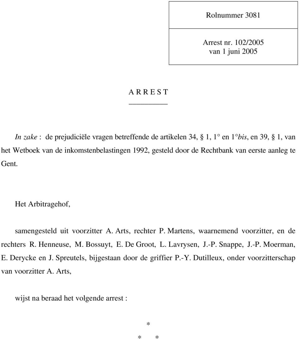 inkomstenbelastingen 1992, gesteld door de Rechtbank van eerste aanleg te Gent. Het Arbitragehof, samengesteld uit voorzitter A. Arts, rechter P.