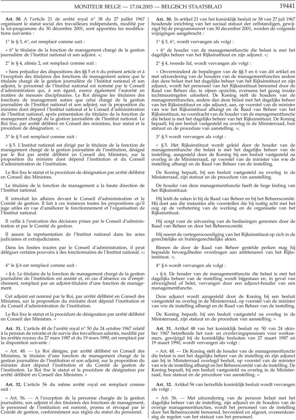 suivantes : 1 le 3, 6, est remplacé comme suit : «6 le titulaire de la fonction de management chargé de la gestion journalière de l Institut national et son adjoint.