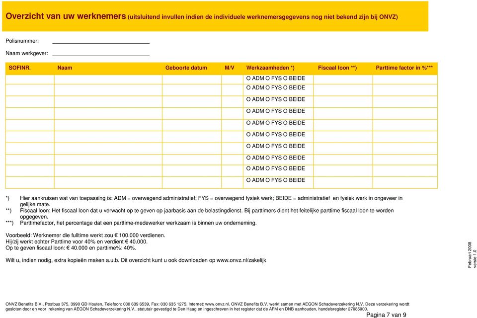 niet bekend zijn bij ONVZ) Polisnummer: Naam werkgever: SOFINR.