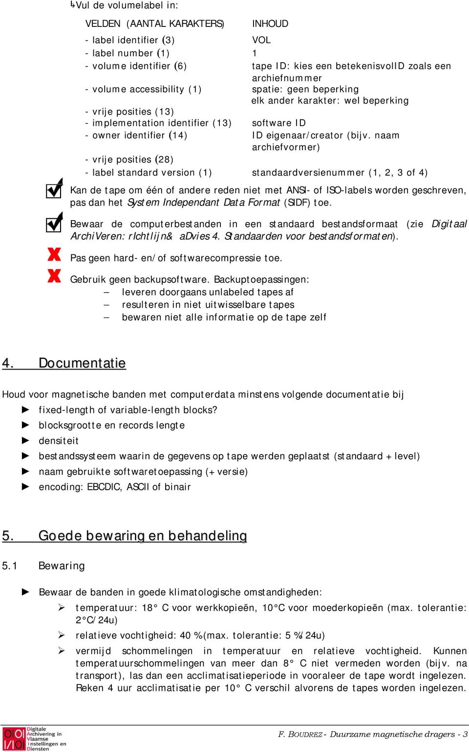 naam archiefvormer) - vrije posities (28) - label standard version (1) standaardversienummer (1, 2, 3 of 4) Kan de tape om één of andere reden niet met ANSI- of ISO-labels worden geschreven, pas dan