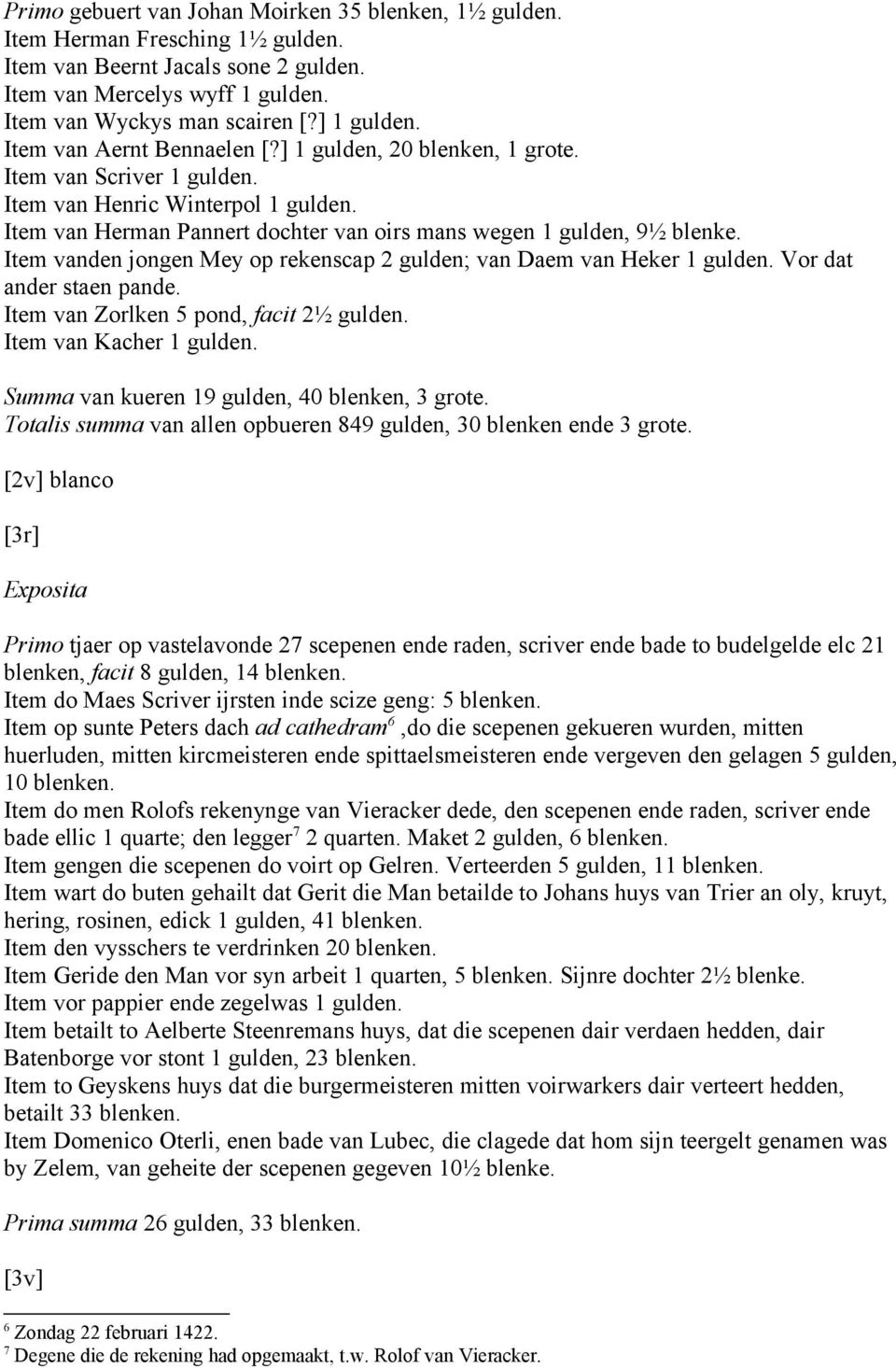 Item vanden jongen Mey op rekenscap 2 gulden; van Daem van Heker 1 gulden. Vor dat ander staen pande. Item van Zorlken 5 pond, facit 2½ gulden. Item van Kacher 1 gulden.