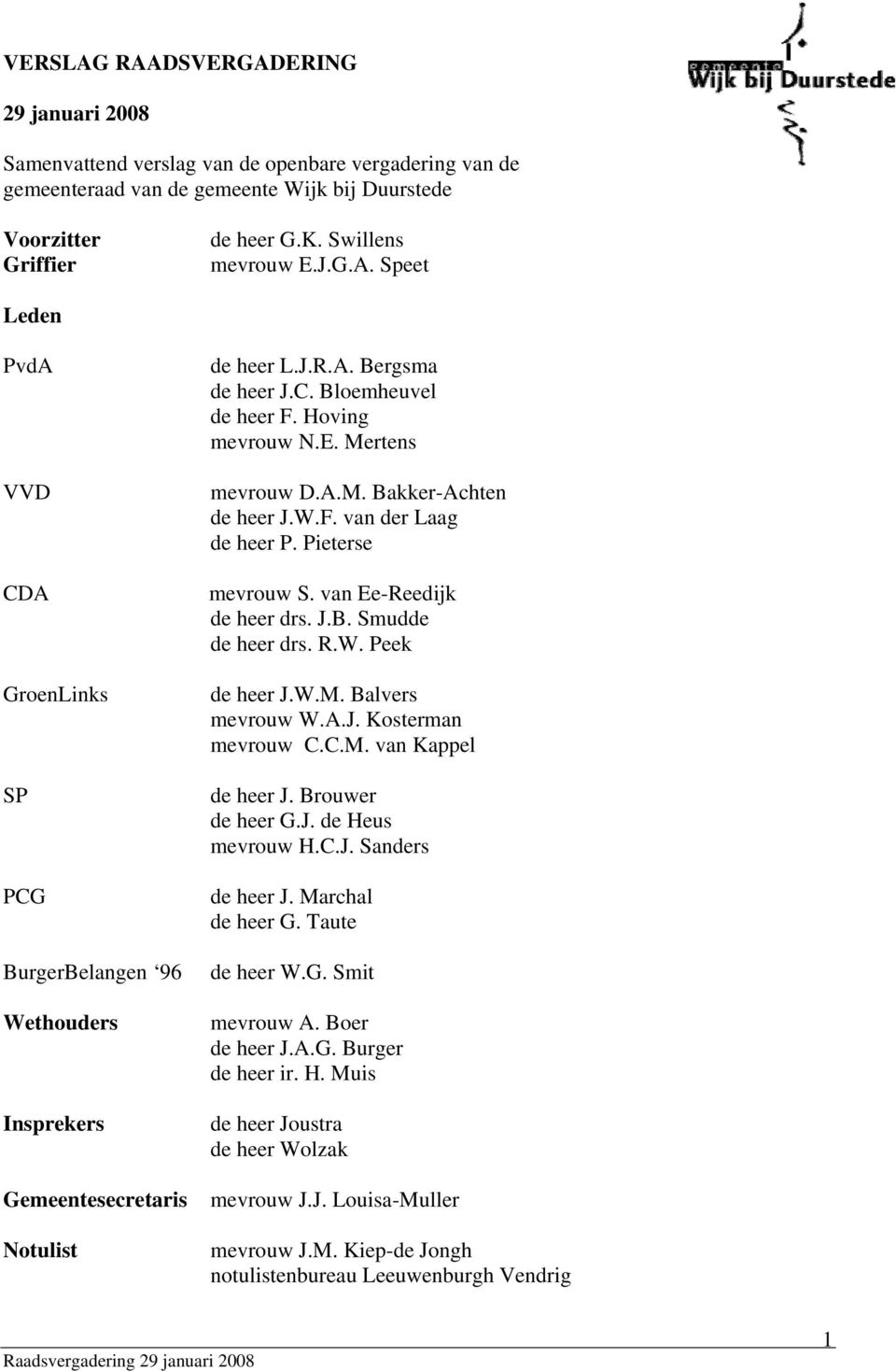 Mertens mevrouw D.A.M. Bakker-Achten de heer J.W.F. van der Laag de heer P. Pieterse mevrouw S. van Ee-Reedijk de heer drs. J.B. Smudde de heer drs. R.W. Peek de heer J.W.M. Balvers mevrouw W.A.J. Kosterman mevrouw C.