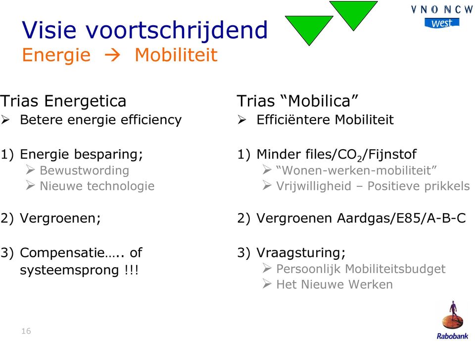 !! Trias Mobilica Efficiëntere Mobiliteit 1) Minder files/co 2 /Fijnstof Wonen-werken-mobiliteit