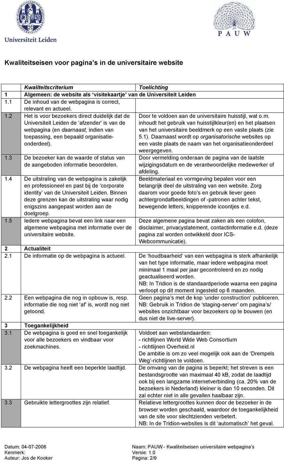 2 Het is voor bezoekers direct duidelijk dat de Universiteit Leiden de afzender is van de webpagina (en daarnaast, indien van toepassing, een bepaald organisatieonderdeel).