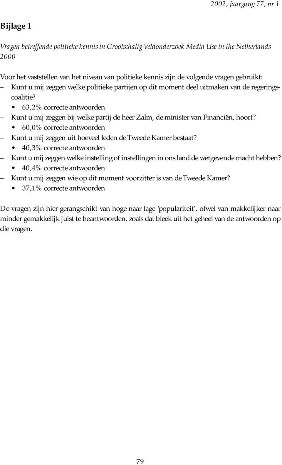 63,2% correcte antwoorden Kunt u mij zeggen bij welke partij de heer Zalm, de minister van Financiën, hoort? 60,0% correcte antwoorden Kunt u mij zeggen uit hoeveel leden de Tweede Kamer bestaat?