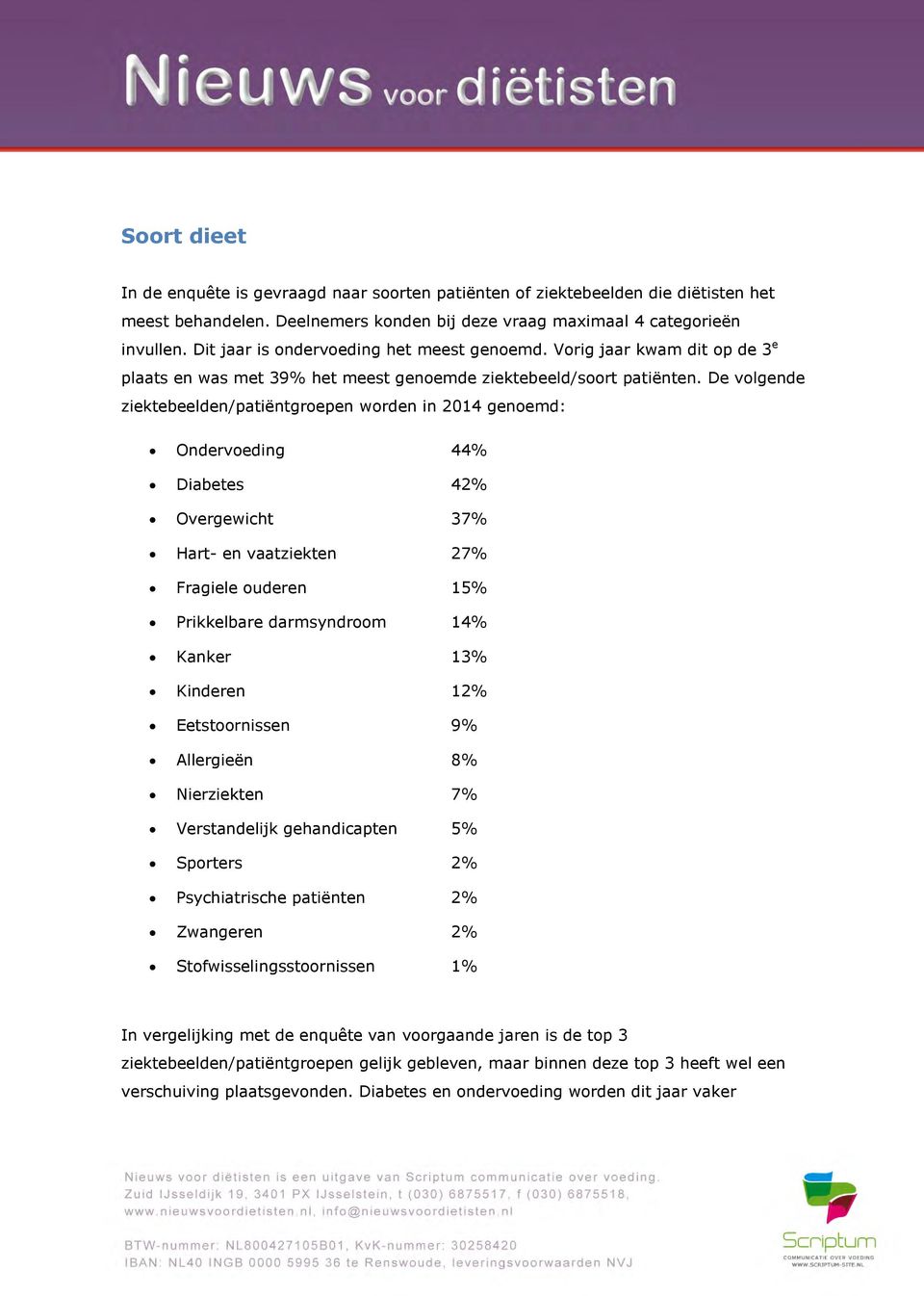 De volgende ziektebeelden/patiëntgroepen worden in 2014 genoemd: Ondervoeding 44% Diabetes 42% Overgewicht 37% Hart- en vaatziekten 27% Fragiele ouderen 15% Prikkelbare darmsyndroom 14% Kanker 13%