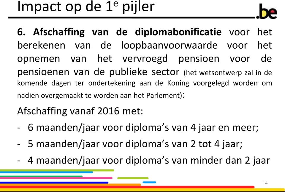 voorgelegd worden om nadien overgemaakt te worden aan het Parlement): Afschaffing vanaf 2016 met: - 6 maanden/jaar voor