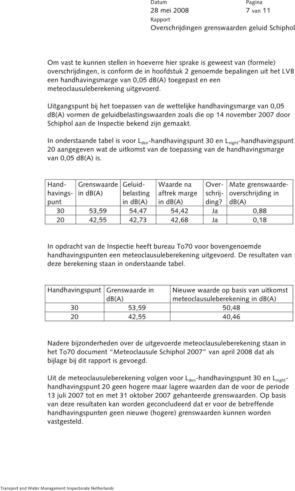 Uitgangspunt bij het toepassen van de wettelijke handhavingsmarge van 0,05 db(a) vormen de geluidbelastingswaarden zoals die op 14 november 2007 door Schiphol aan de Inspectie bekend zijn gemaakt.