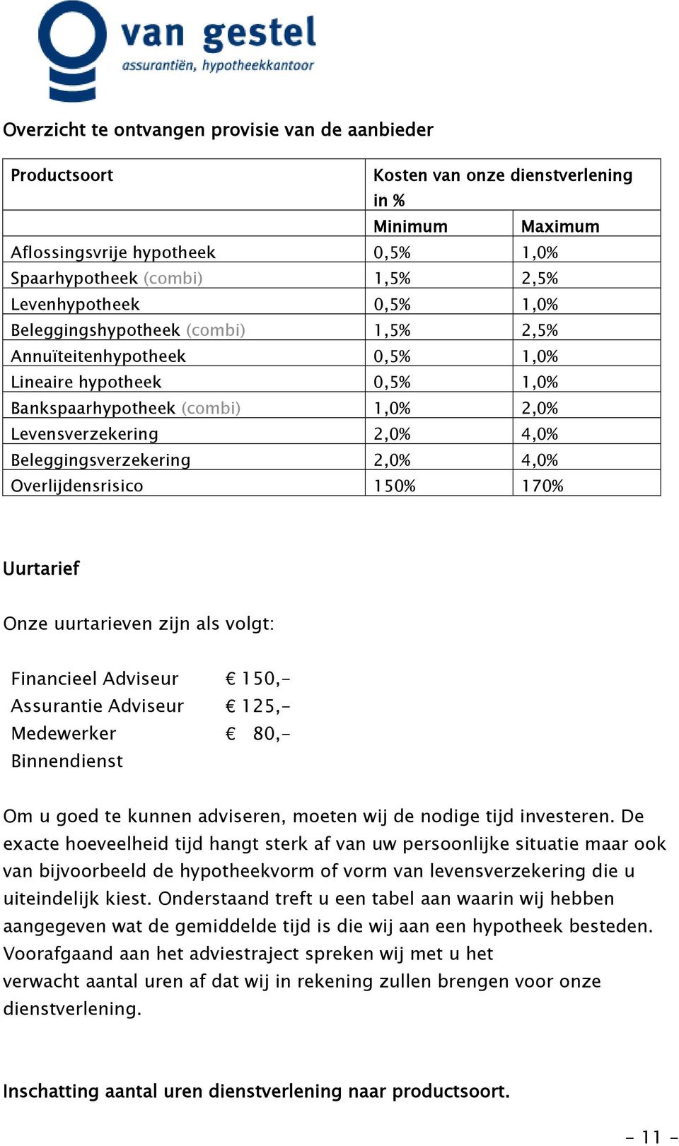 4,0% Overlijdensrisico 150% 170% Uurtarief Onze uurtarieven zijn als volgt: Financieel Adviseur 150,- Assurantie Adviseur 125,- Medewerker 80,- Binnendienst Om u goed te kunnen adviseren, moeten wij