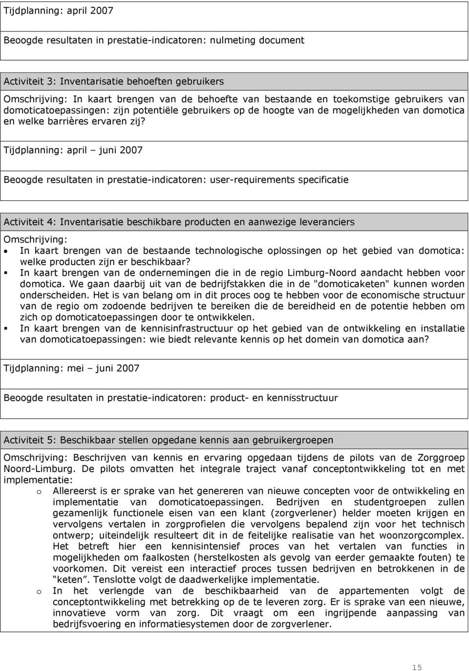 Tijdplanning: april juni 2007 Beoogde resultaten in prestatie-indicatoren: user-requirements specificatie Activiteit 4: Inventarisatie beschikbare producten en aanwezige leveranciers Omschrijving: In