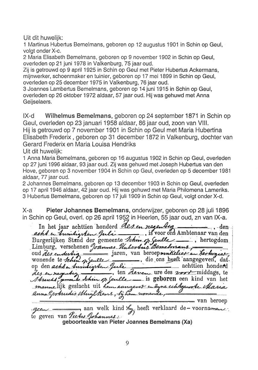 1 Martinus Hubertus Bemelmans, geboren op 12 augustus 1901 in Schin op Geul, volgt onder X-co 2 Maria Elisabeth Bemelmans, geboren op 9 november 1902 in Schin op Geul, overleden op 21 juni 1978 in