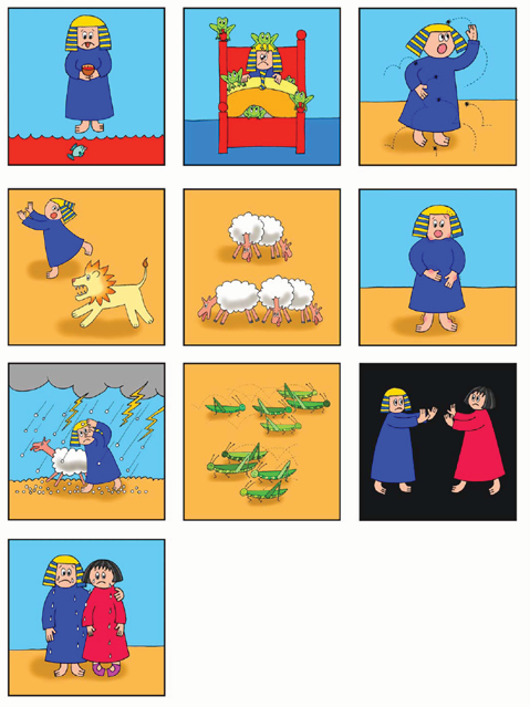 Kinderpagina Memoryspel: de 10 plagen Print deze bladzijde 2 keer en knip de plaatjes uit. Schud alle kaartjes door elkaar en leg ze omgekeerd op tafel.