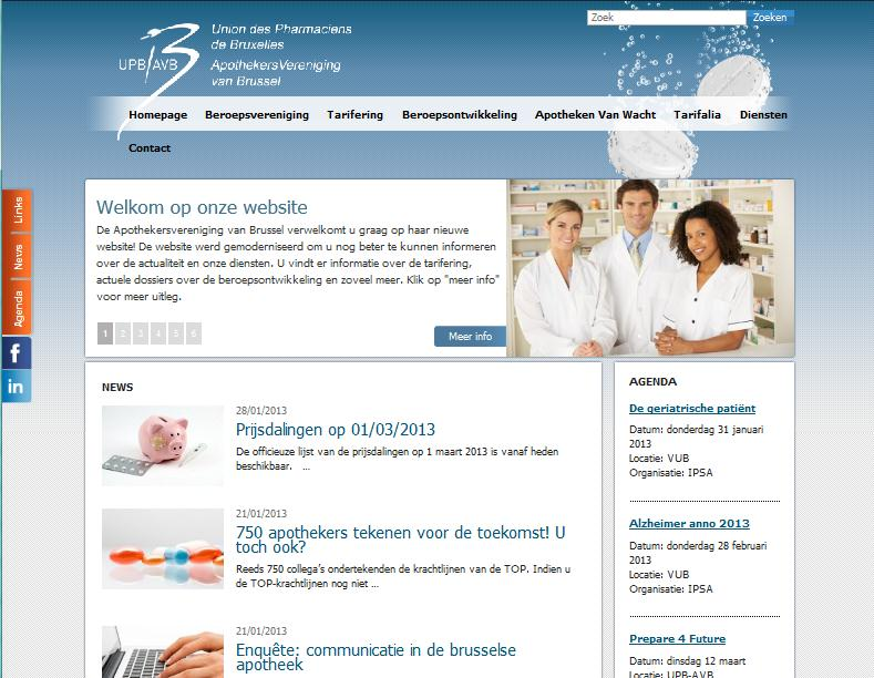 ONZE NIEUWE WEBSITE Onze nieuwe website is beschikbaar. Neem zeker een kijkje via één van de volgende links: www.upb-avb.be of www.apothekersvanbrussel.be Wat kan u er zoal terugvinden?