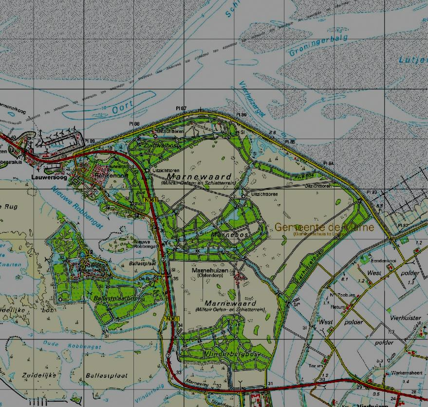 Figuur 2.2 Overzicht van de ligging van het Vierhuizergat voor de Lauwersmeerdijk ter hoogte van de Marnewaard (Bron: Topografische Dienst). 2.2 Geologie De geologische opbouw van het gebied wordt o.